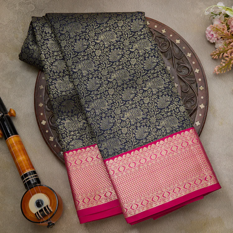 Navy Blue Semi Kanjeevaram Brocade Saree